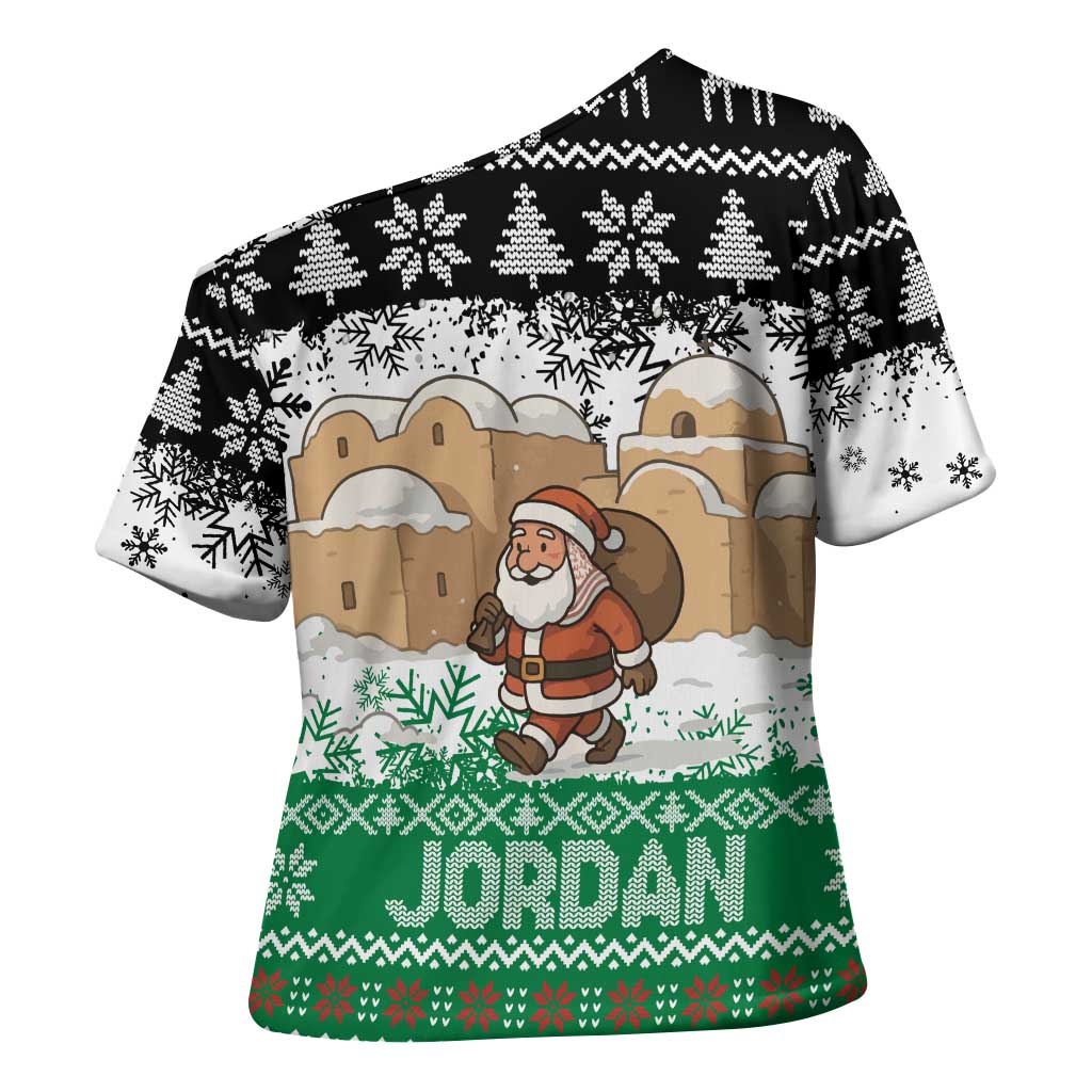 Jordan Christmas Cross Shoulder Shirt with Santa Snow Village Green and Black Snowflake Tree Pattern - Wonder Print Shop