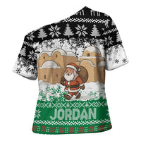 Jordan Christmas Cross Shoulder Shirt with Santa Snow Village Green and Black Snowflake Tree Pattern - Wonder Print Shop