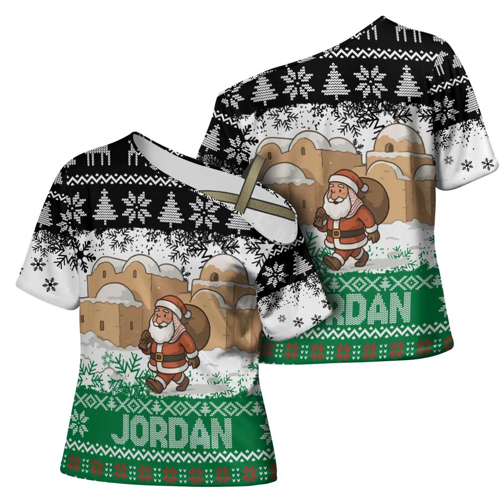Jordan Christmas Cross Shoulder Shirt with Santa Snow Village Green and Black Snowflake Tree Pattern - Wonder Print Shop