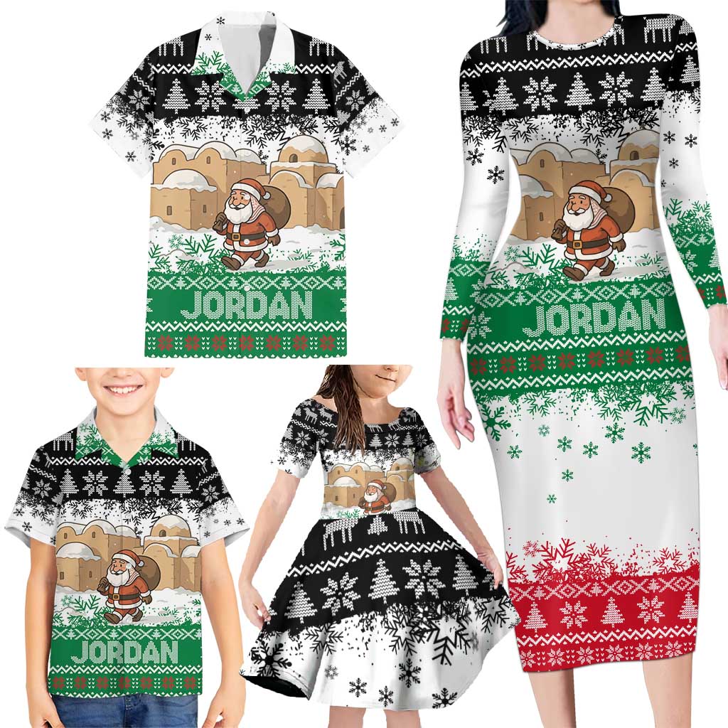 Jordan Christmas Family Matching Long Sleeve Bodycon Dress and Hawaiian Shirt with Santa Snow Village Green and Black Snowflake Tree Pattern - Wonder Print Shop