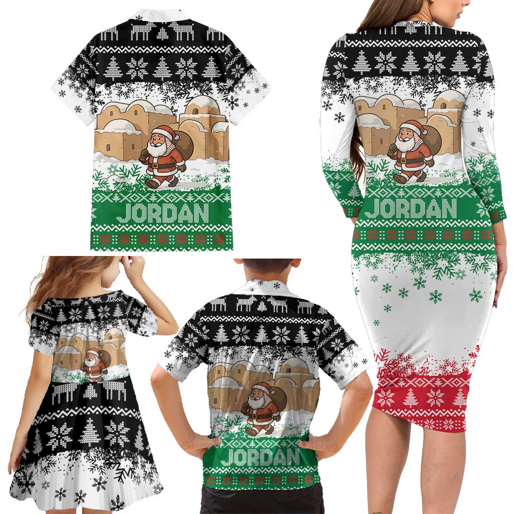 Jordan Christmas Family Matching Long Sleeve Bodycon Dress and Hawaiian Shirt with Santa Snow Village Green and Black Snowflake Tree Pattern - Wonder Print Shop