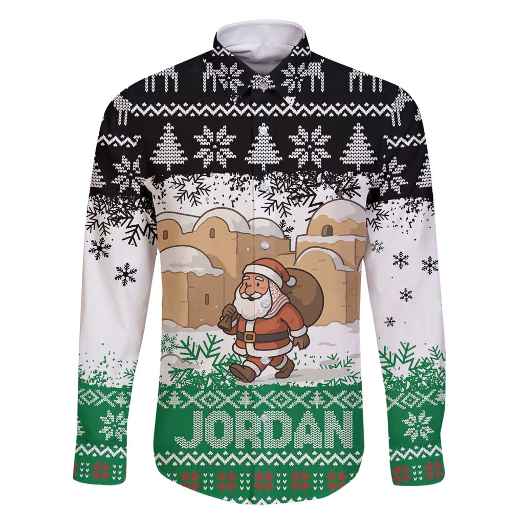 Jordan Christmas Family Matching Long Sleeve Bodycon Dress and Hawaiian Shirt with Santa Snow Village Green and Black Snowflake Tree Pattern - Wonder Print Shop