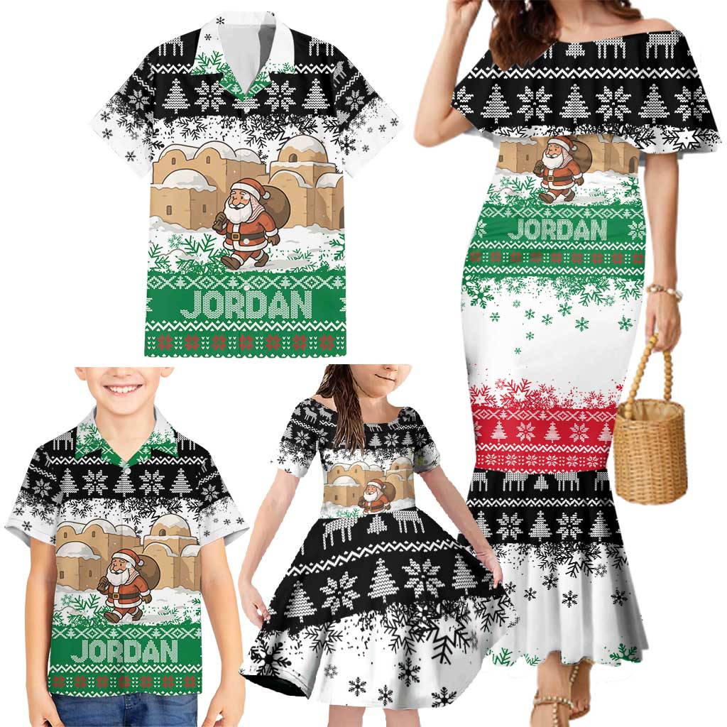 Jordan Christmas Family Matching Mermaid Dress and Hawaiian Shirt with Santa Snow Village Green and Black Snowflake Tree Pattern - Wonder Print Shop