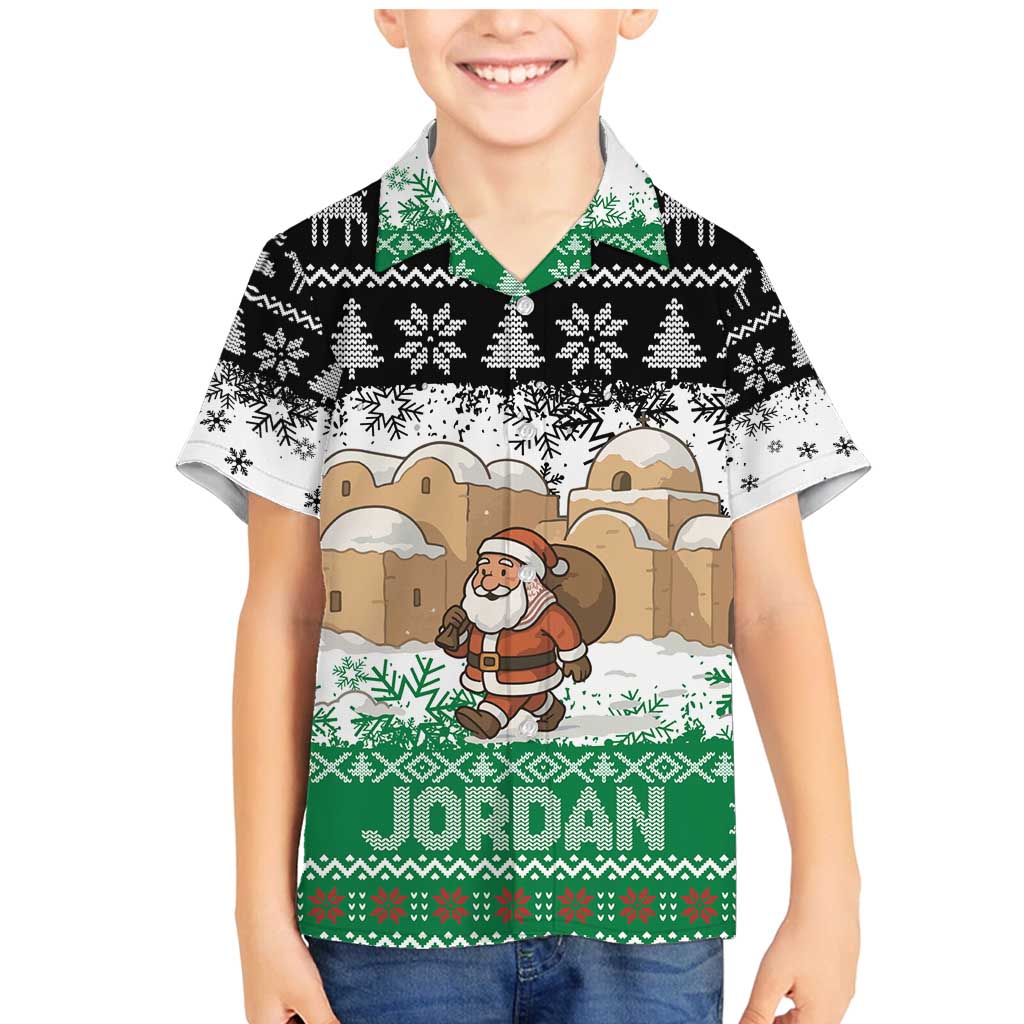 Jordan Christmas Family Matching Mermaid Dress and Hawaiian Shirt with Santa Snow Village Green and Black Snowflake Tree Pattern - Wonder Print Shop