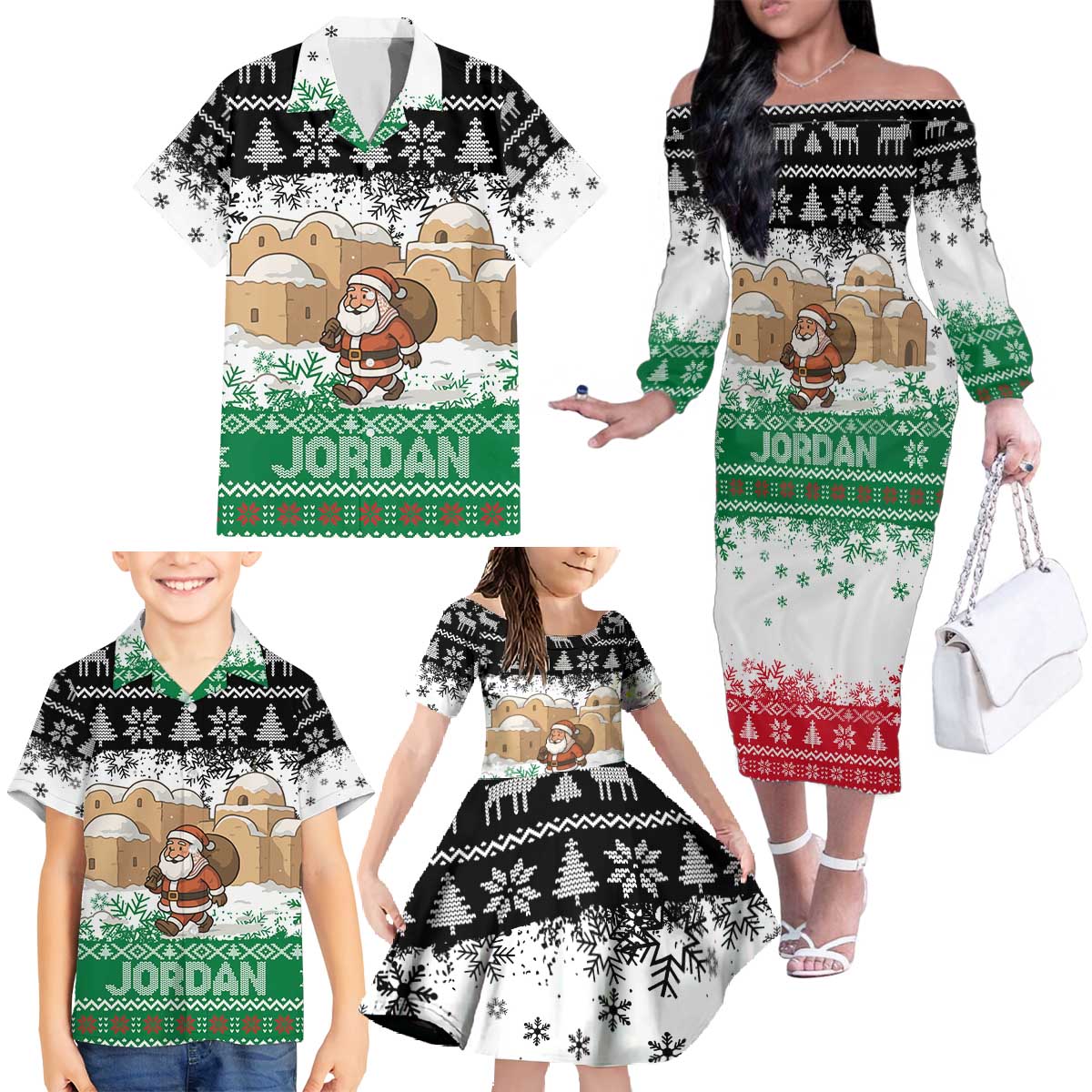 Jordan Christmas Family Matching Off The Shoulder Long Sleeve Dress and Hawaiian Shirt with Santa Snow Village Green and Black Snowflake Tree Pattern - Wonder Print Shop