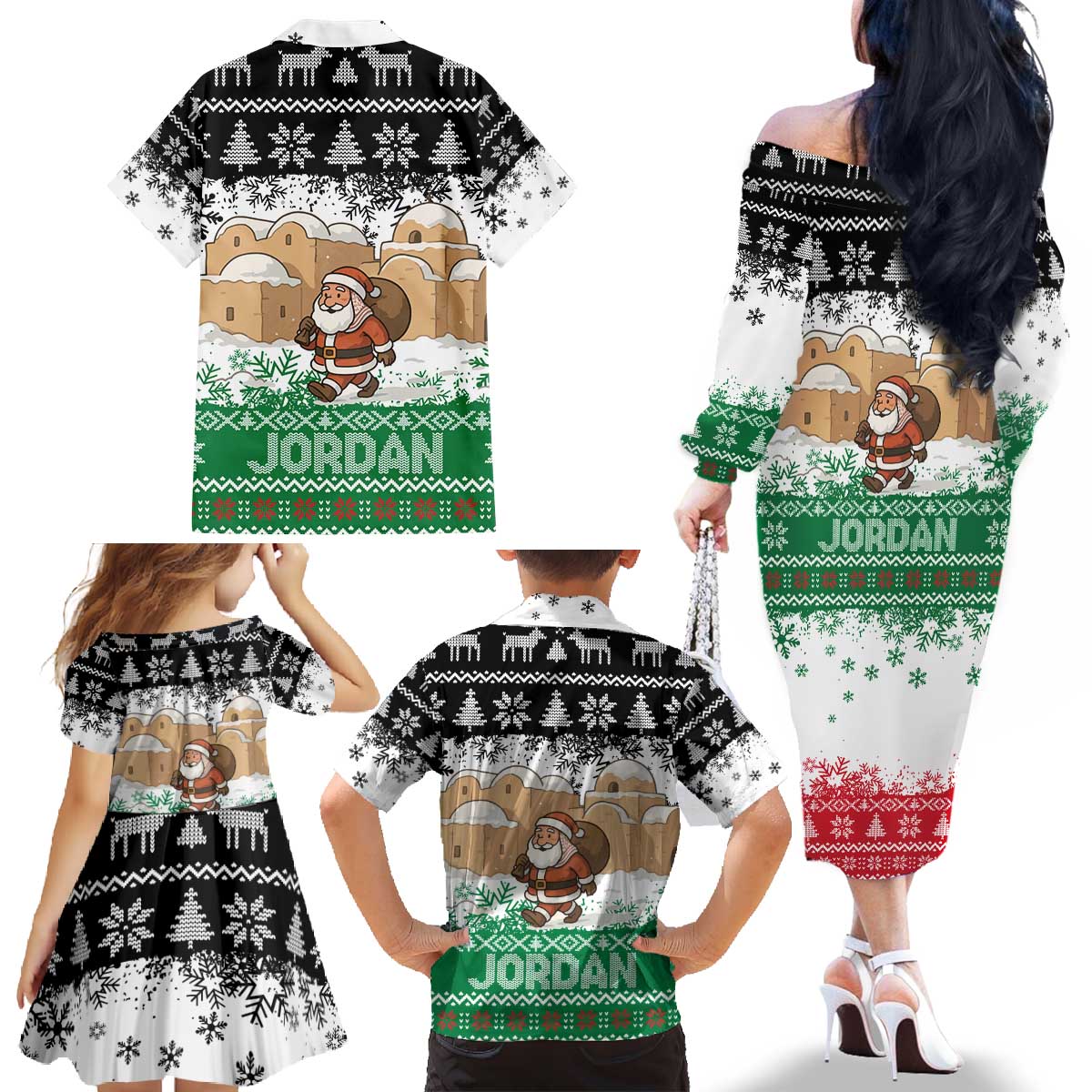 Jordan Christmas Family Matching Off The Shoulder Long Sleeve Dress and Hawaiian Shirt with Santa Snow Village Green and Black Snowflake Tree Pattern - Wonder Print Shop