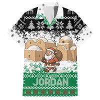 Jordan Christmas Family Matching Off The Shoulder Long Sleeve Dress and Hawaiian Shirt with Santa Snow Village Green and Black Snowflake Tree Pattern - Wonder Print Shop