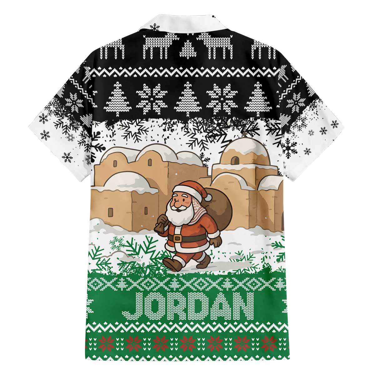 Jordan Christmas Family Matching Off The Shoulder Long Sleeve Dress and Hawaiian Shirt with Santa Snow Village Green and Black Snowflake Tree Pattern - Wonder Print Shop
