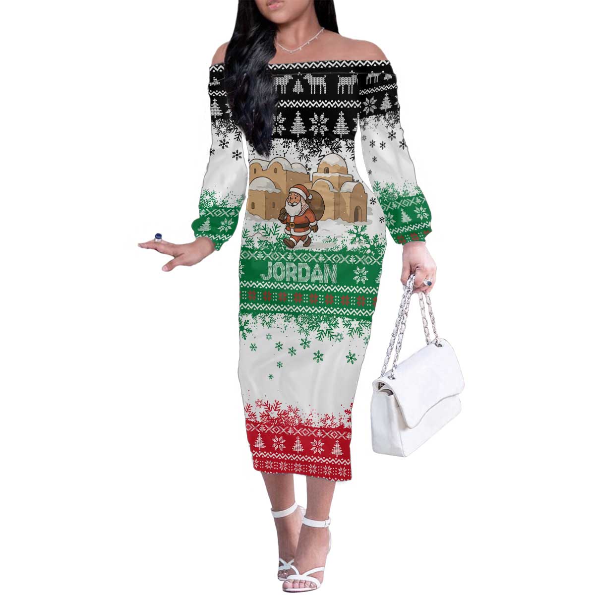 Jordan Christmas Family Matching Off The Shoulder Long Sleeve Dress and Hawaiian Shirt with Santa Snow Village Green and Black Snowflake Tree Pattern - Wonder Print Shop