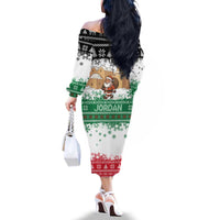 Jordan Christmas Family Matching Off The Shoulder Long Sleeve Dress and Hawaiian Shirt with Santa Snow Village Green and Black Snowflake Tree Pattern - Wonder Print Shop