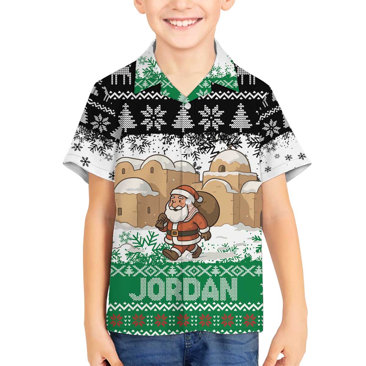 Jordan Christmas Family Matching Off The Shoulder Long Sleeve Dress and Hawaiian Shirt with Santa Snow Village Green and Black Snowflake Tree Pattern - Wonder Print Shop
