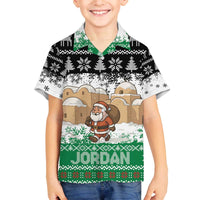 Jordan Christmas Family Matching Off The Shoulder Long Sleeve Dress and Hawaiian Shirt with Santa Snow Village Green and Black Snowflake Tree Pattern - Wonder Print Shop
