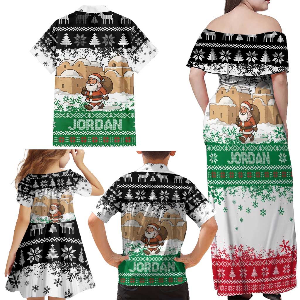 Jordan Christmas Family Matching Off Shoulder Maxi Dress and Hawaiian Shirt with Santa Snow Village Green and Black Snowflake Tree Pattern - Wonder Print Shop