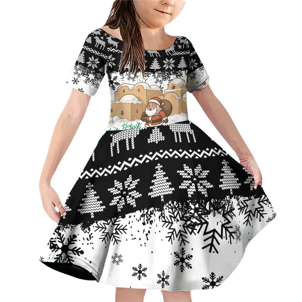 Jordan Christmas Family Matching Off Shoulder Short Dress and Hawaiian Shirt with Santa Snow Village Green and Black Snowflake Tree Pattern - Wonder Print Shop