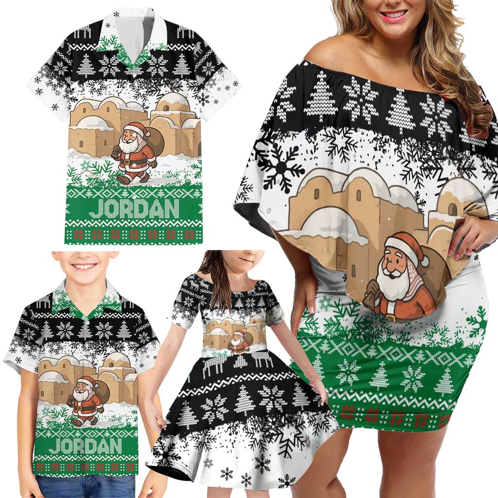 Jordan Christmas Family Matching Off Shoulder Short Dress and Hawaiian Shirt with Santa Snow Village Green and Black Snowflake Tree Pattern - Wonder Print Shop