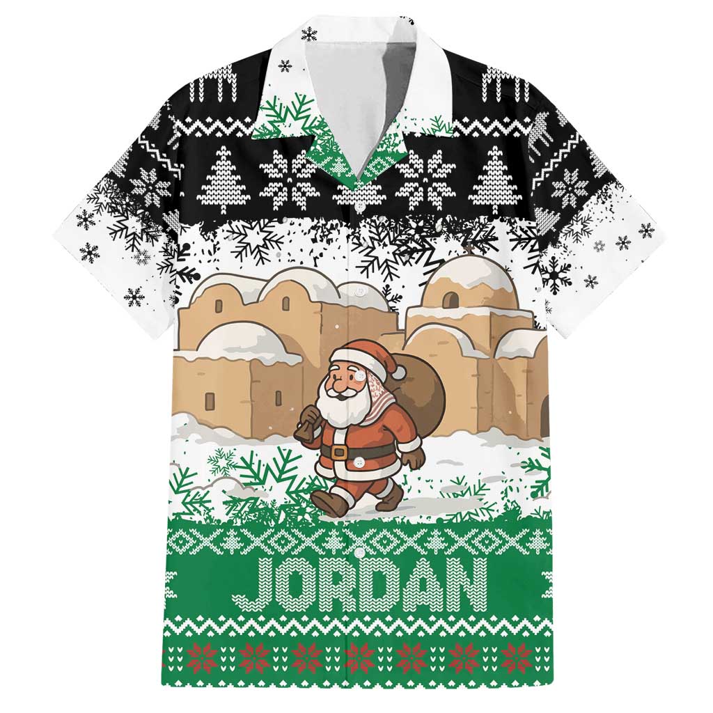 Jordan Christmas Family Matching Off Shoulder Short Dress and Hawaiian Shirt with Santa Snow Village Green and Black Snowflake Tree Pattern - Wonder Print Shop