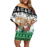 Jordan Christmas Family Matching Off Shoulder Short Dress and Hawaiian Shirt with Santa Snow Village Green and Black Snowflake Tree Pattern - Wonder Print Shop