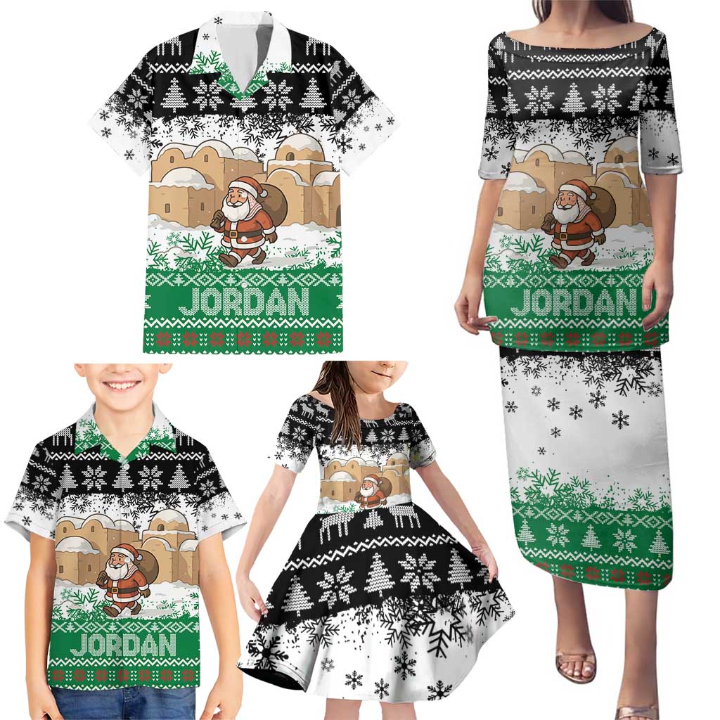 Jordan Christmas Family Matching Puletasi and Hawaiian Shirt with Santa Snow Village Green and Black Snowflake Tree Pattern - Wonder Print Shop
