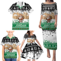 Jordan Christmas Family Matching Puletasi and Hawaiian Shirt with Santa Snow Village Green and Black Snowflake Tree Pattern - Wonder Print Shop