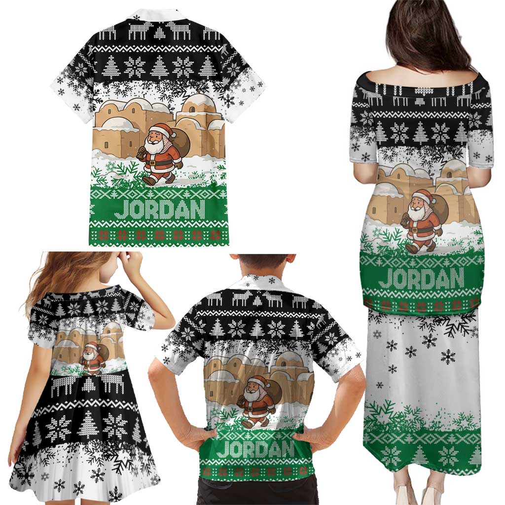 Jordan Christmas Family Matching Puletasi and Hawaiian Shirt with Santa Snow Village Green and Black Snowflake Tree Pattern - Wonder Print Shop