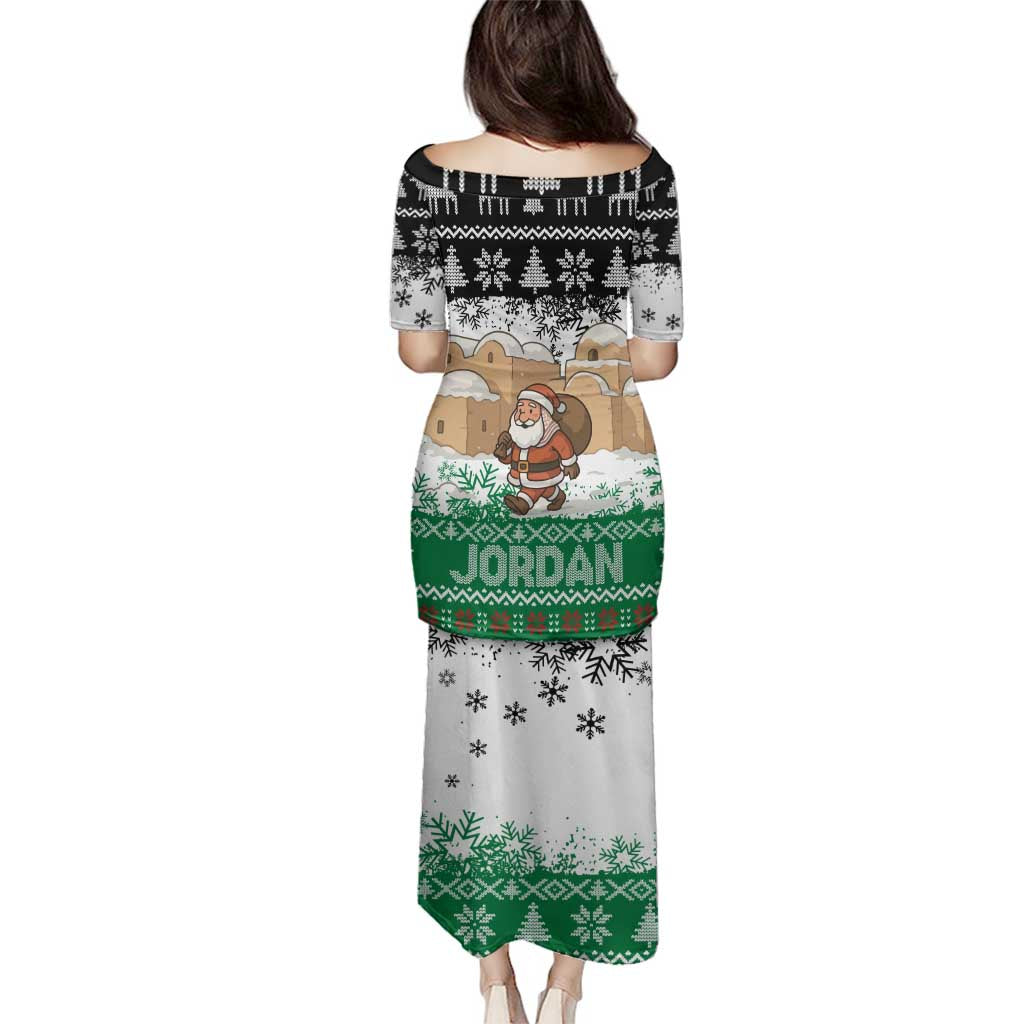 Jordan Christmas Family Matching Puletasi and Hawaiian Shirt with Santa Snow Village Green and Black Snowflake Tree Pattern - Wonder Print Shop