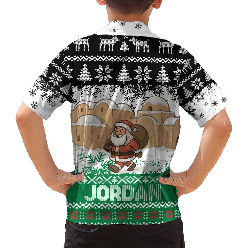 Jordan Christmas Family Matching Short Sleeve Bodycon Dress and Hawaiian Shirt with Santa Snow Village Green and Black Snowflake Tree Pattern - Wonder Print Shop
