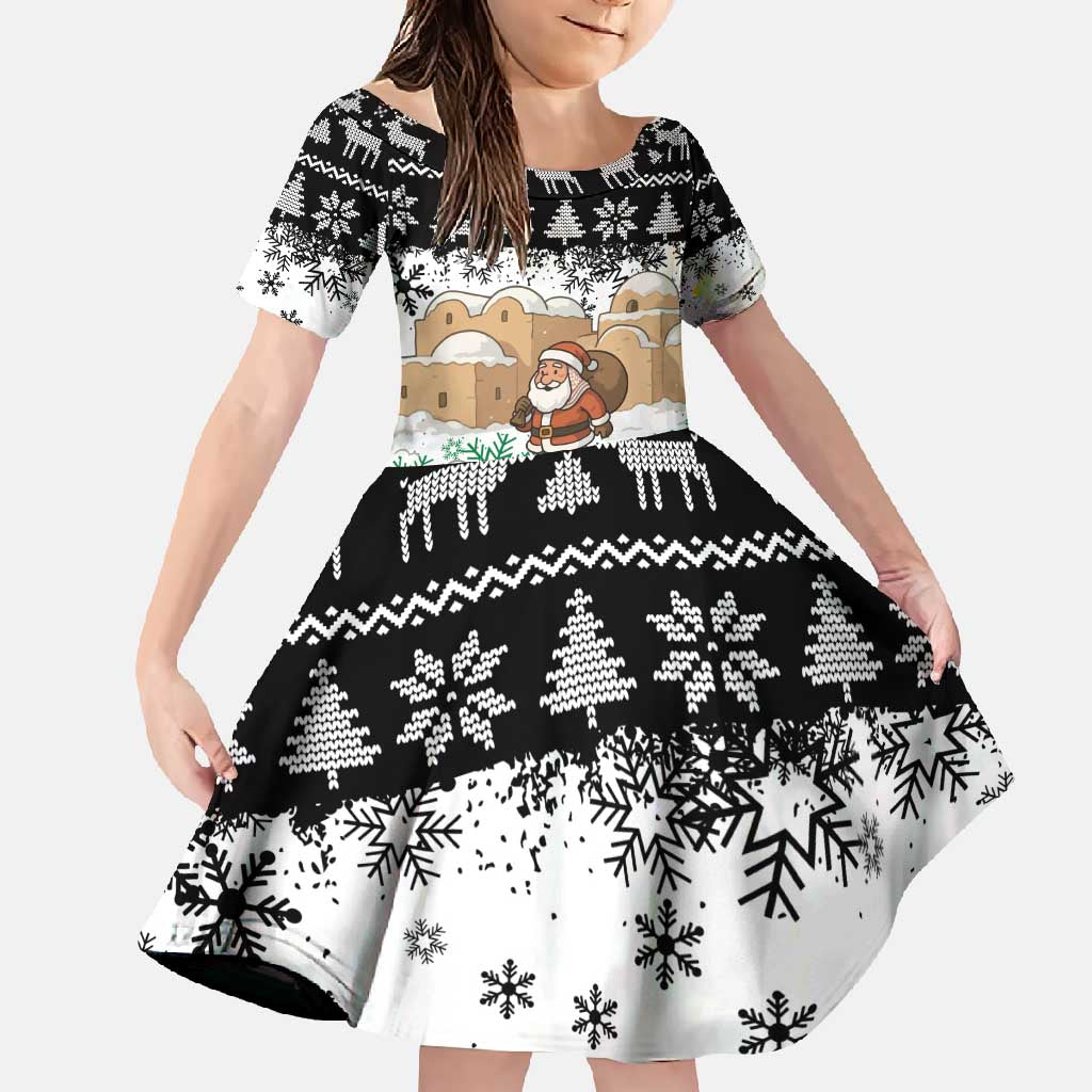 Jordan Christmas Family Matching Short Sleeve Bodycon Dress and Hawaiian Shirt with Santa Snow Village Green and Black Snowflake Tree Pattern - Wonder Print Shop