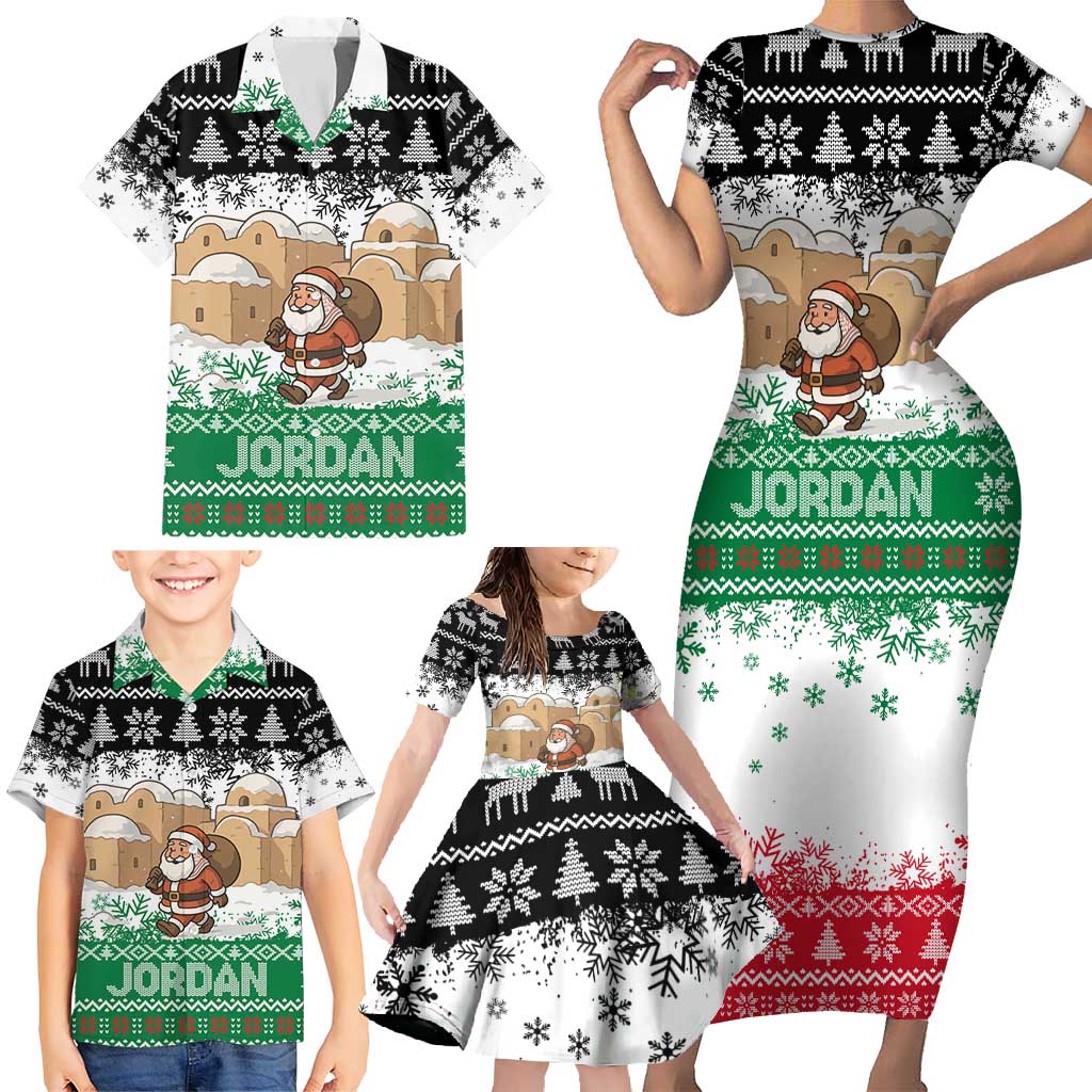 Jordan Christmas Family Matching Short Sleeve Bodycon Dress and Hawaiian Shirt with Santa Snow Village Green and Black Snowflake Tree Pattern - Wonder Print Shop