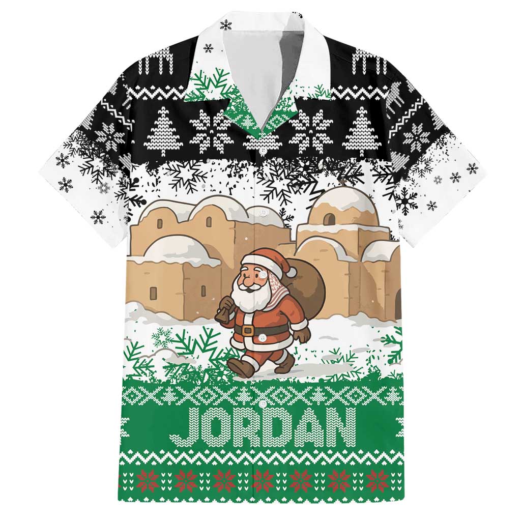 Jordan Christmas Family Matching Short Sleeve Bodycon Dress and Hawaiian Shirt with Santa Snow Village Green and Black Snowflake Tree Pattern - Wonder Print Shop