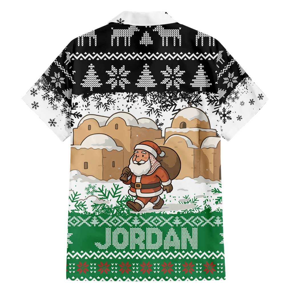 Jordan Christmas Family Matching Short Sleeve Bodycon Dress and Hawaiian Shirt with Santa Snow Village Green and Black Snowflake Tree Pattern - Wonder Print Shop