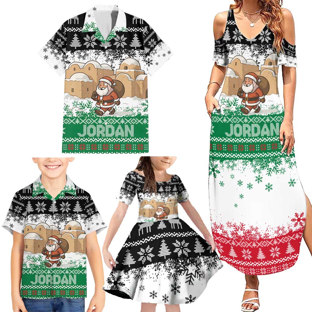 Jordan Christmas Family Matching Summer Maxi Dress and Hawaiian Shirt with Santa Snow Village Green and Black Snowflake Tree Pattern - Wonder Print Shop
