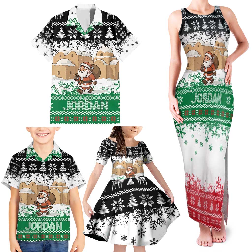 Jordan Christmas Family Matching Tank Maxi Dress and Hawaiian Shirt with Santa Snow Village Green and Black Snowflake Tree Pattern - Wonder Print Shop