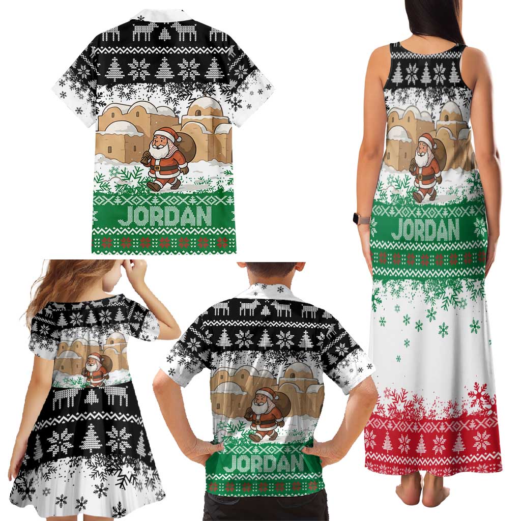 Jordan Christmas Family Matching Tank Maxi Dress and Hawaiian Shirt with Santa Snow Village Green and Black Snowflake Tree Pattern - Wonder Print Shop