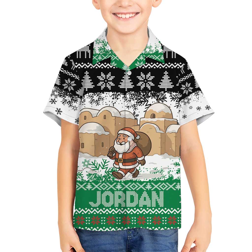 Jordan Christmas Family Matching Tank Maxi Dress and Hawaiian Shirt with Santa Snow Village Green and Black Snowflake Tree Pattern - Wonder Print Shop