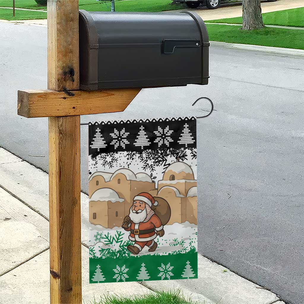 Jordan Christmas Garden Flag with Santa Snow Village Green and Black Snowflake Tree Pattern - Wonder Print Shop