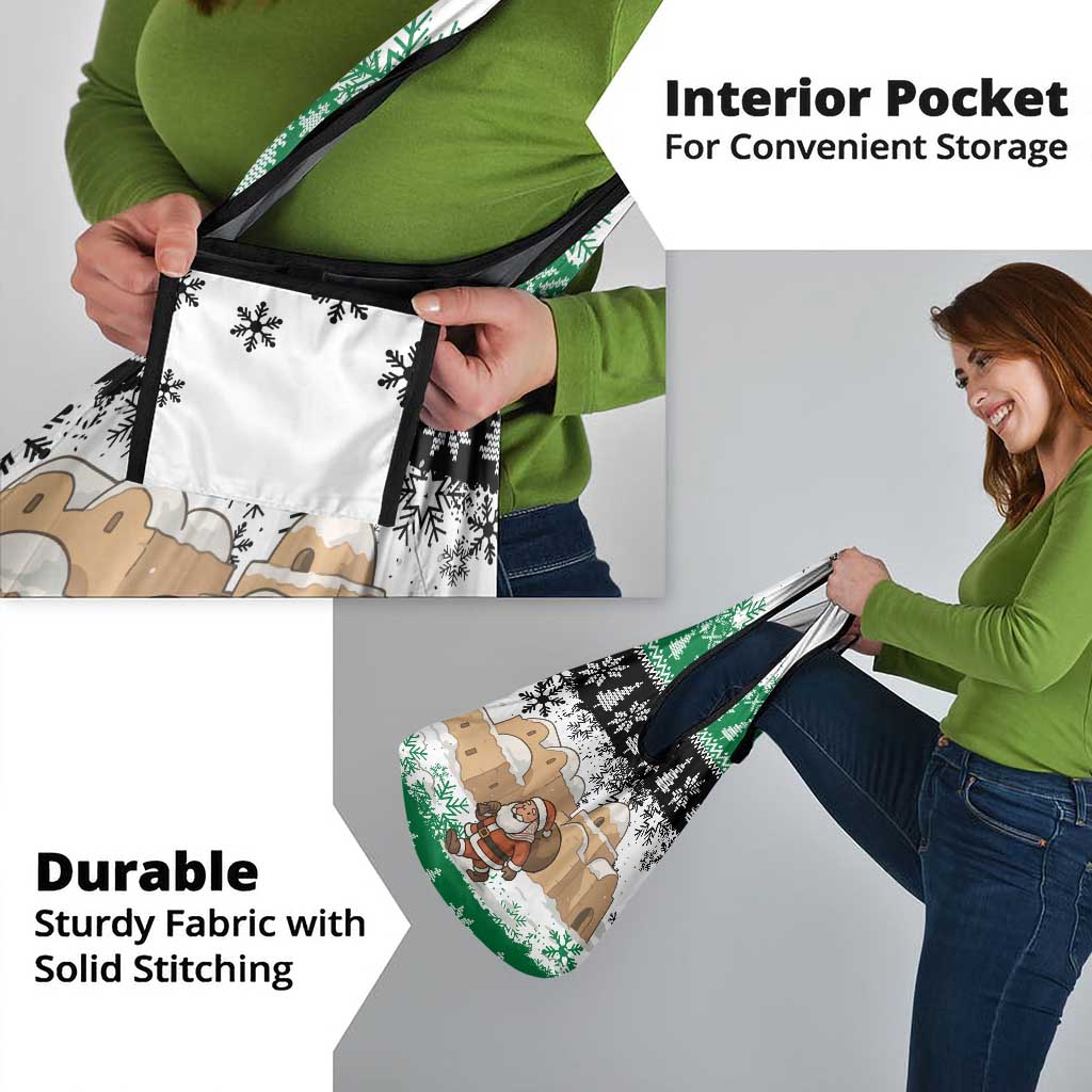 Jordan Christmas Grocery Bag with Santa Snow Village Green and Black Snowflake Tree Pattern - Wonder Print Shop