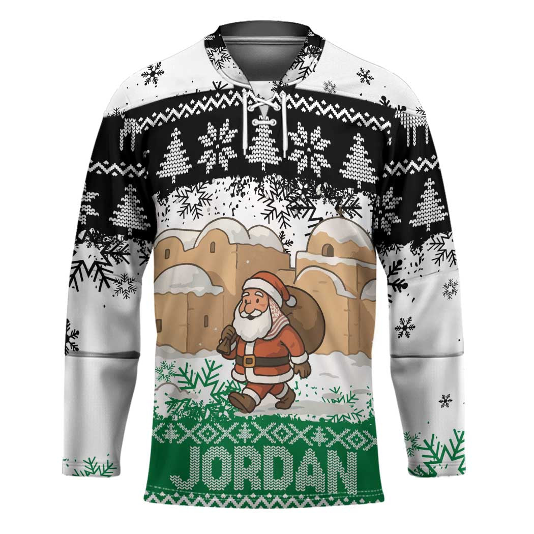 Jordan Christmas Hockey Jersey with Santa Snow Village Green and Black Snowflake Tree Pattern - Wonder Print Shop