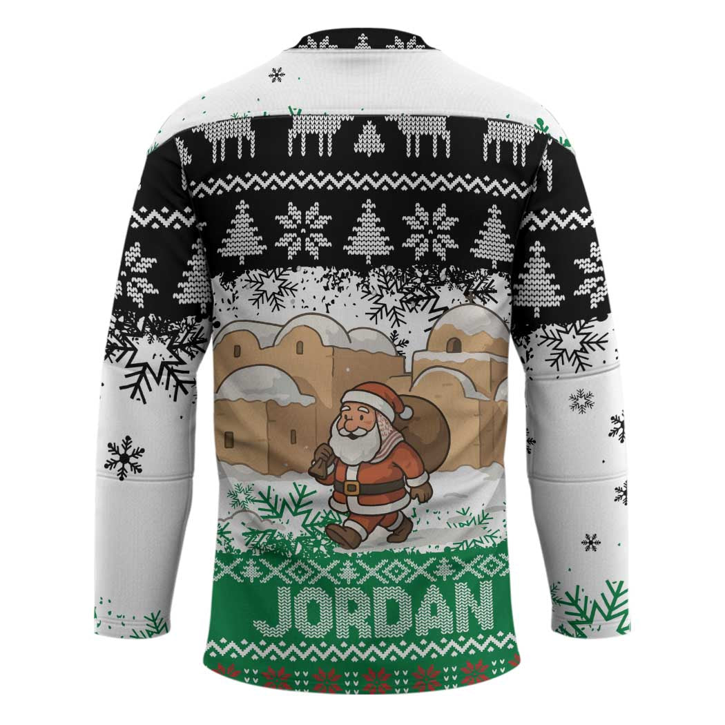 Jordan Christmas Hockey Jersey with Santa Snow Village Green and Black Snowflake Tree Pattern - Wonder Print Shop