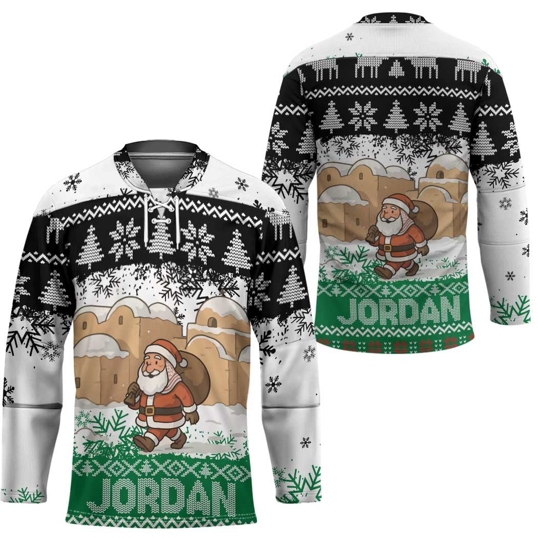 Jordan Christmas Hockey Jersey with Santa Snow Village Green and Black Snowflake Tree Pattern - Wonder Print Shop