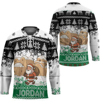 Jordan Christmas Hockey Jersey with Santa Snow Village Green and Black Snowflake Tree Pattern - Wonder Print Shop