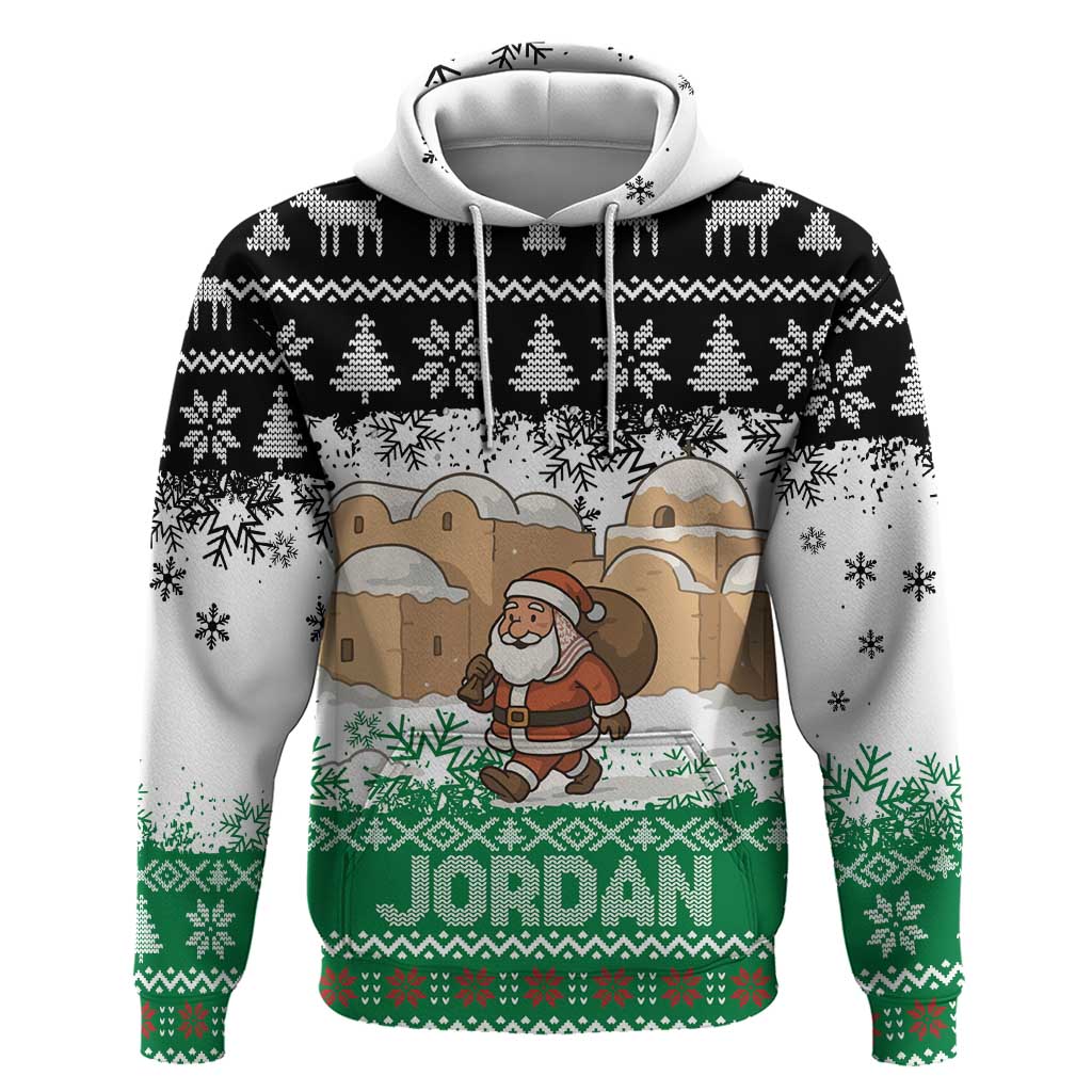 Jordan Christmas Hoodie with Santa Snow Village Green and Black Snowflake Tree Pattern - Wonder Print Shop