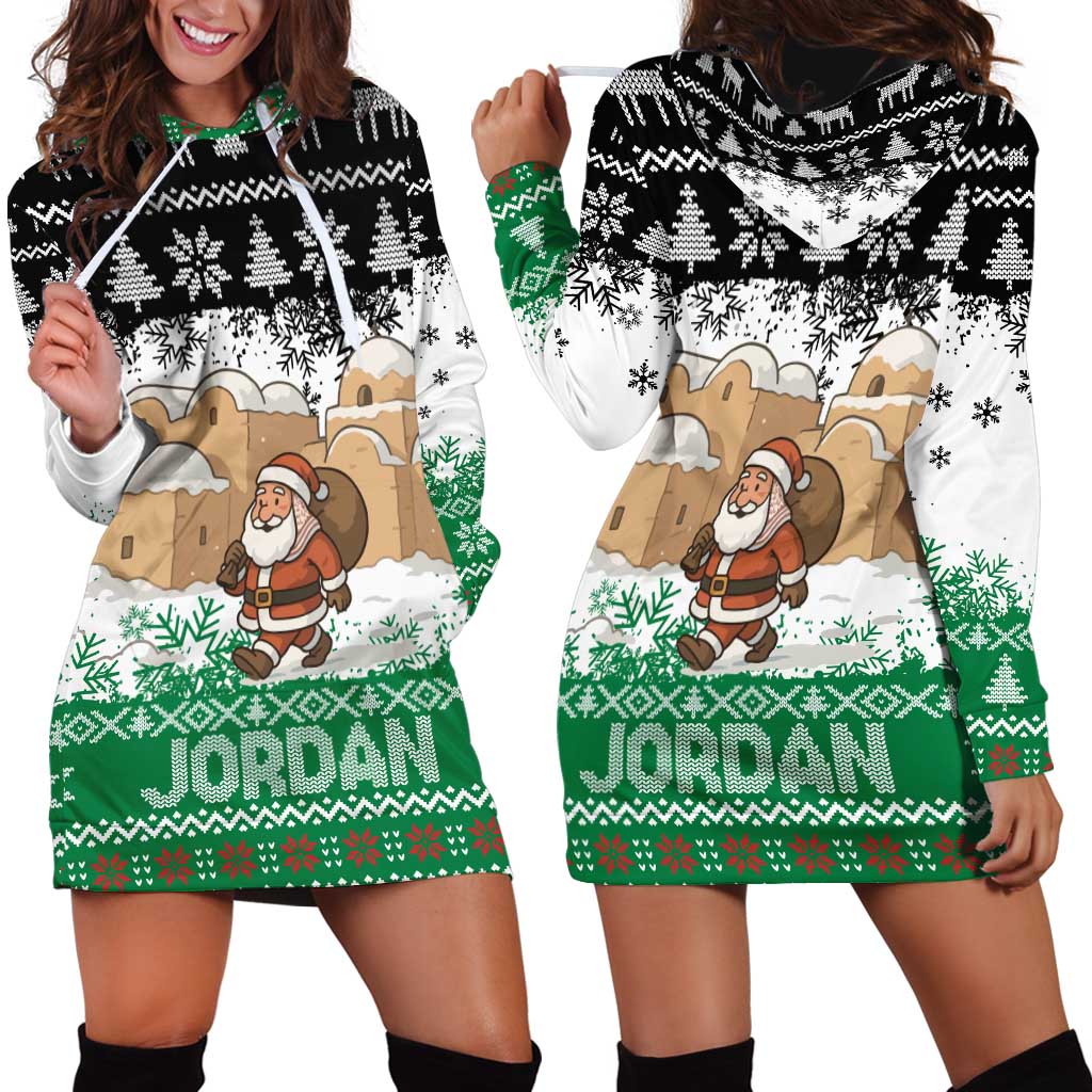 Jordan Christmas Hoodie Dress with Santa Snow Village Green and Black Snowflake Tree Pattern - Wonder Print Shop