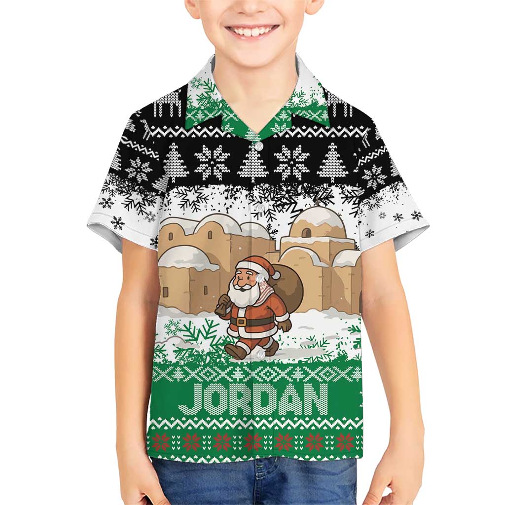 Jordan Christmas Kid Hawaiian Shirt with Santa Snow Village Green and Black Snowflake Tree Pattern - Wonder Print Shop