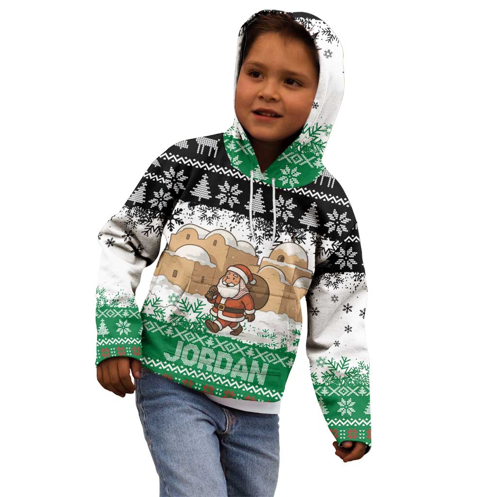 Jordan Christmas Kid Hoodie with Santa Snow Village Green and Black Snowflake Tree Pattern - Wonder Print Shop