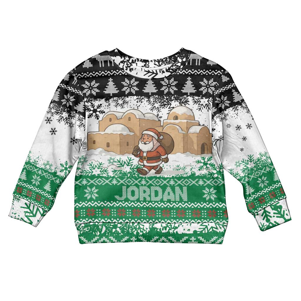 Jordan Christmas Kid Ugly Christmas Sweater with Santa Snow Village Green and Black Snowflake Tree Pattern - Wonder Print Shop