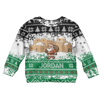 Jordan Christmas Kid Ugly Christmas Sweater with Santa Snow Village Green and Black Snowflake Tree Pattern - Wonder Print Shop