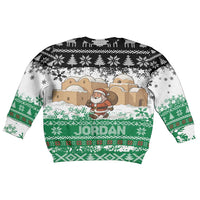 Jordan Christmas Kid Ugly Christmas Sweater with Santa Snow Village Green and Black Snowflake Tree Pattern - Wonder Print Shop