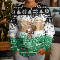 Jordan Christmas Kid Ugly Christmas Sweater with Santa Snow Village Green and Black Snowflake Tree Pattern - Wonder Print Shop
