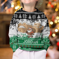 Jordan Christmas Kid Ugly Christmas Sweater with Santa Snow Village Green and Black Snowflake Tree Pattern - Wonder Print Shop