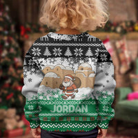 Jordan Christmas Kid Ugly Christmas Sweater with Santa Snow Village Green and Black Snowflake Tree Pattern - Wonder Print Shop